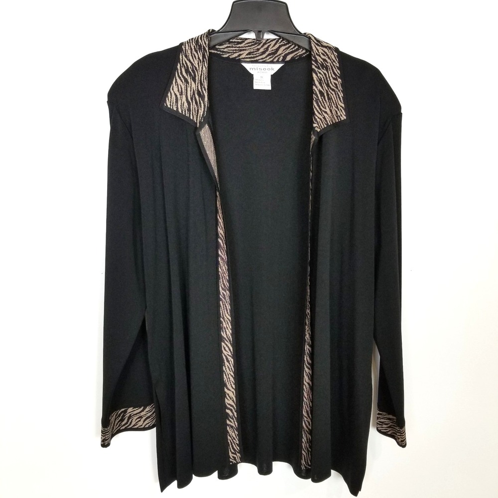 Exclusively Misook Women Plus Acrylic  Jacket Sz 3X Black Animal Print Trim Open